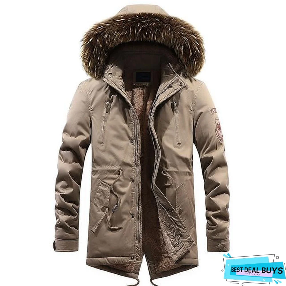 Men Long Casual Thick Warm Fleece Jacket Parkas Men Outfit Fashion Fur Collar Hooded 100% Cotton Coat Parkas