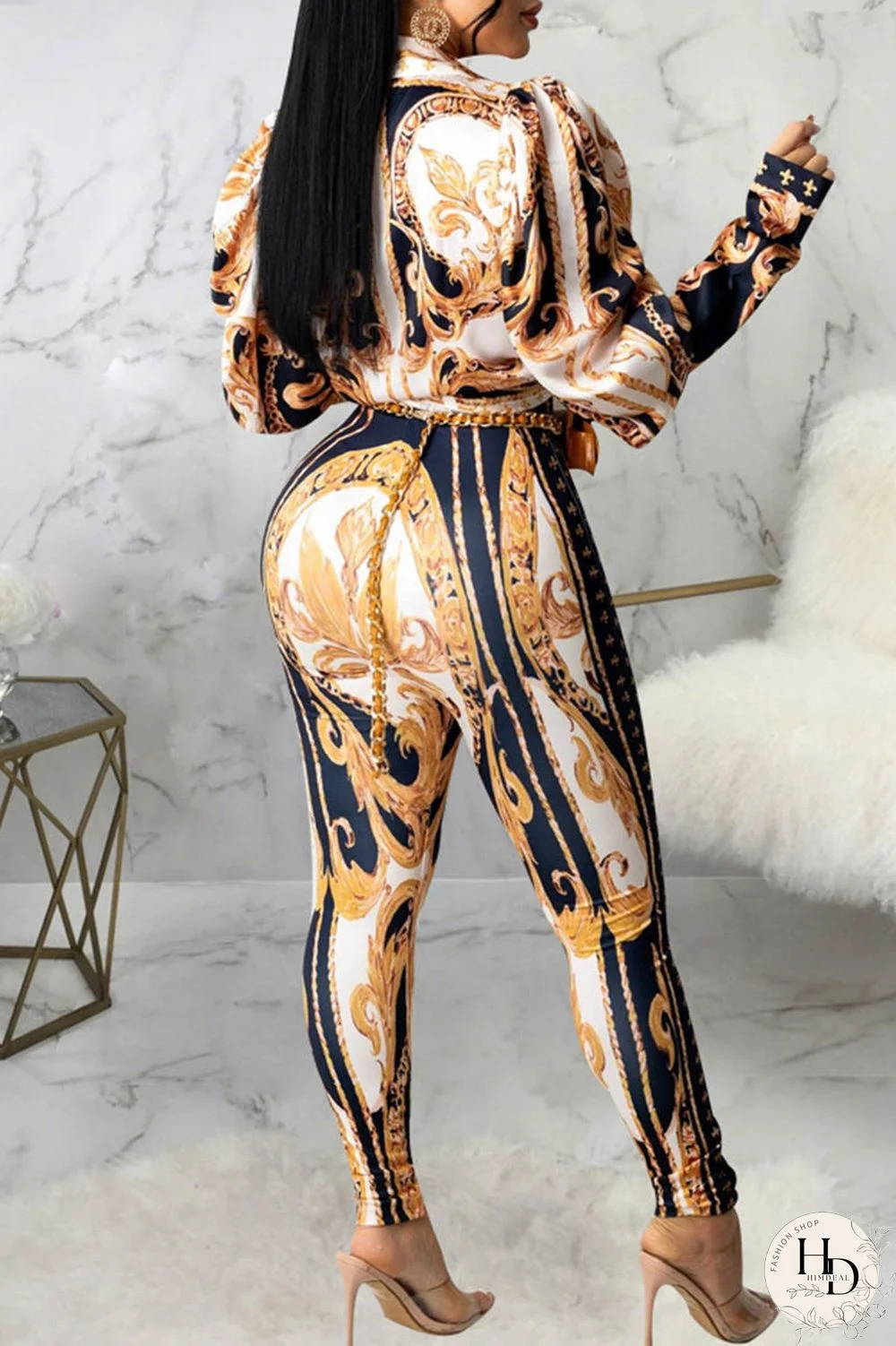 Brown Casual Print Patchwork Turndown Collar Long Sleeve Two Pieces