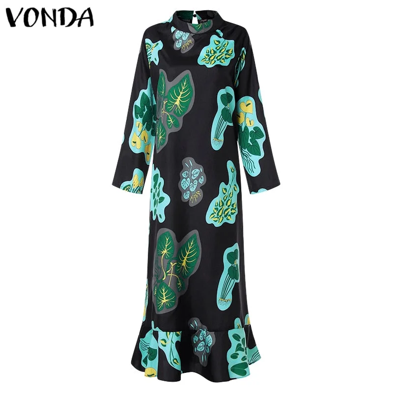 Summer Dress Women Maxi Dress Loose Vintage Floral Print Beach Sundress VONDA Casual Long Sleeve Bohemian Vestidos