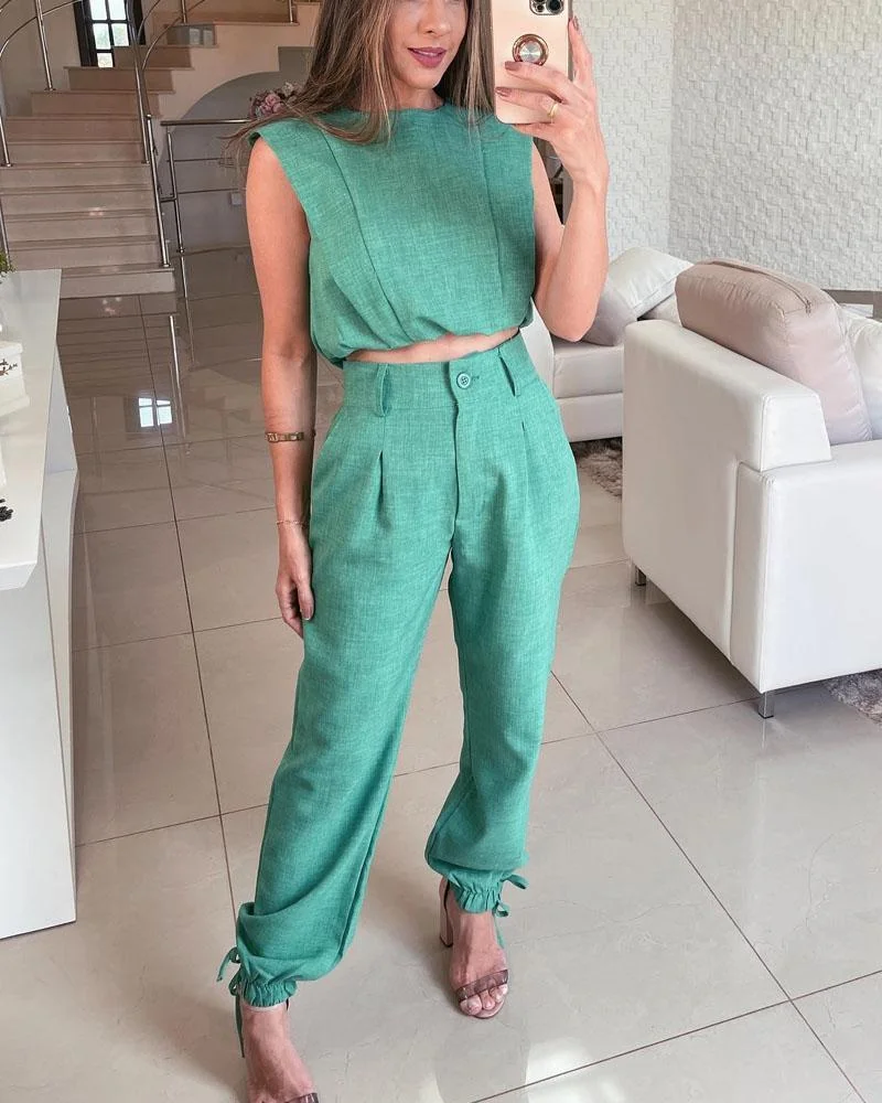 Simple T-shirt Tapered Pants Cotton Linen Suit