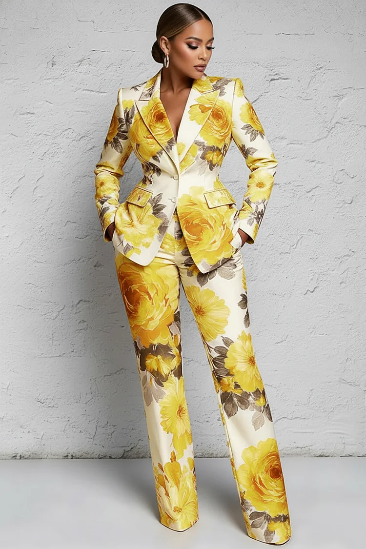 Xpluswear Design Plus Size Formal Pink Floral Lapel Collar Long Sleeve Pocket Two Piece Pant Suits 2024 - Xpluswear