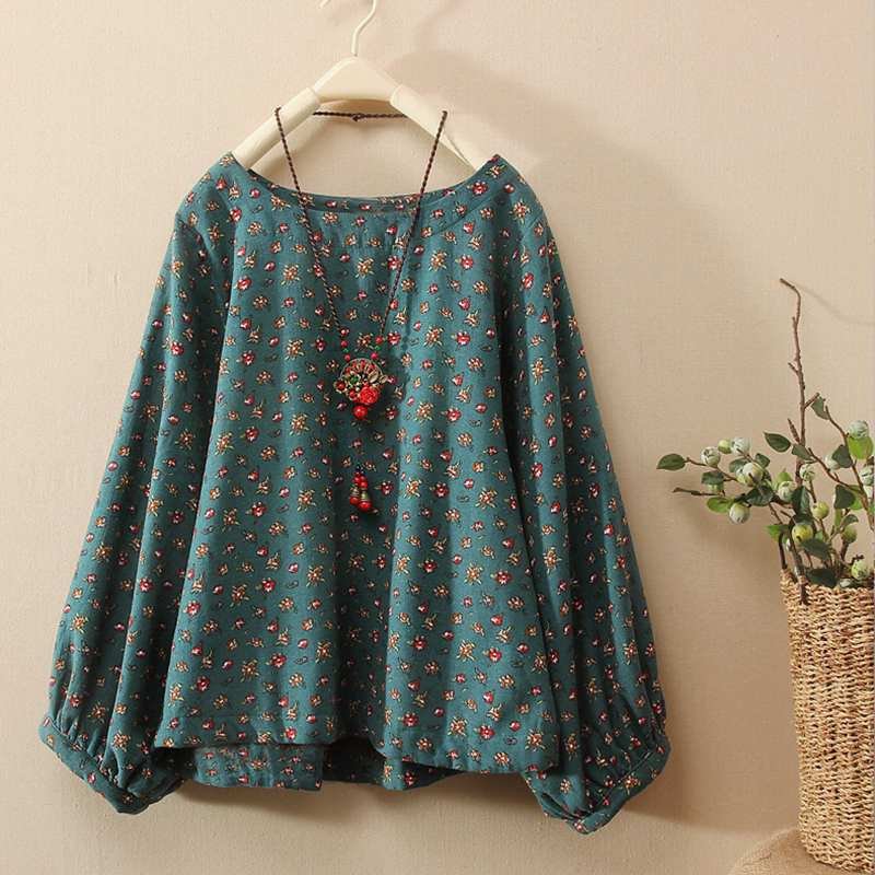 ZANZEA Spring Women  Floral Printed O Neck Long Sleeve Blouse Female Casual Loose Top Blusas Cotton Linen Shirt Oversized