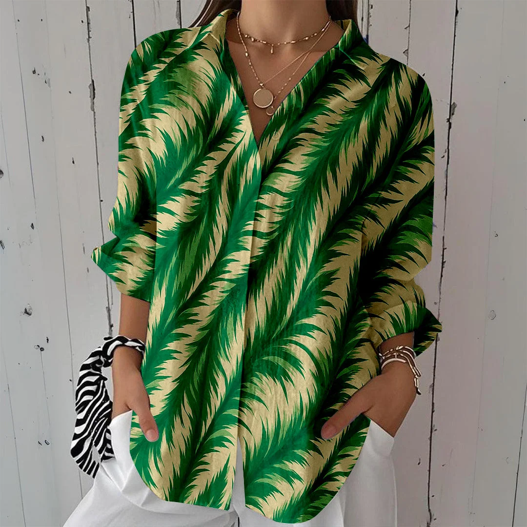 Style & Comfort for Mature Women Women Leaves, Green DZCL0185 3/4 Sleeve Shirt Collar Printed Button Tops