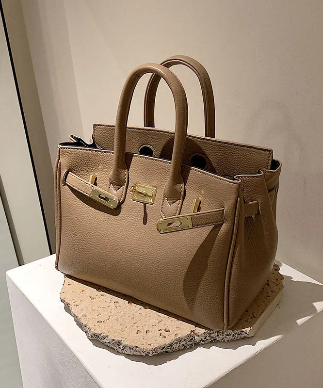 Classy Khaki Faux Leather Solid Durable Tote Handbag