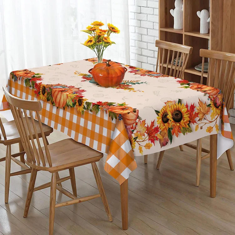 Fall Pumpkin Maple Leaves Rectangle Tablecloth Holiday Party Decorations Washable Farmhouse Table Cover for Kitchen Dining Decor