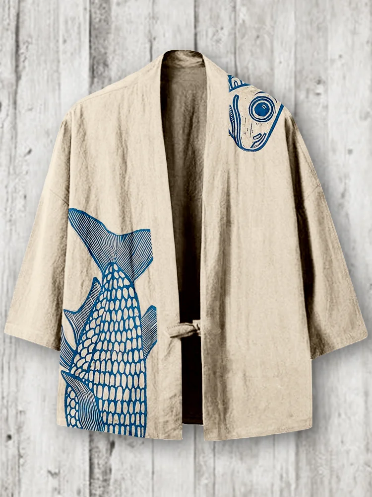 Vintage Japanese Fish Lino Art Linen Blend Kimono Cardigan