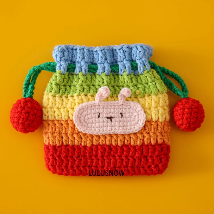 Lulusnow Handmade Rainbow Cat Crochet Coin Purse Crochet Mini Drawstring Bag Gift for Her/Friend/Kids