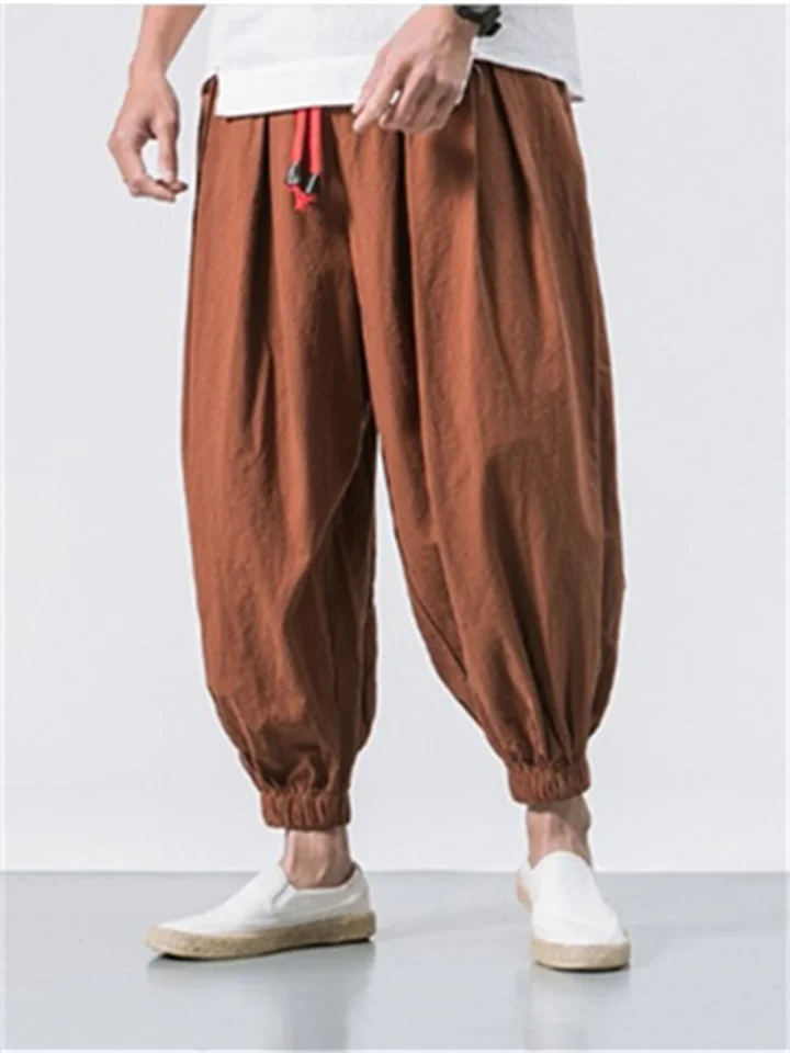 Harem Linen Pants for Men Plus Size Yoga Pants Premium Cotton Long Pants Casual Elastic Waist Drawstring Hippie Beach Pants Black-Cosfine