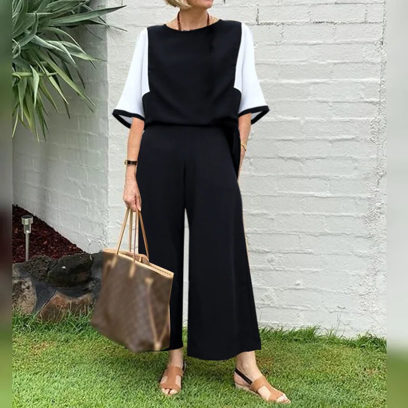 Simple Black And White Color Matching Blouse And Trousers Two-Piece Set