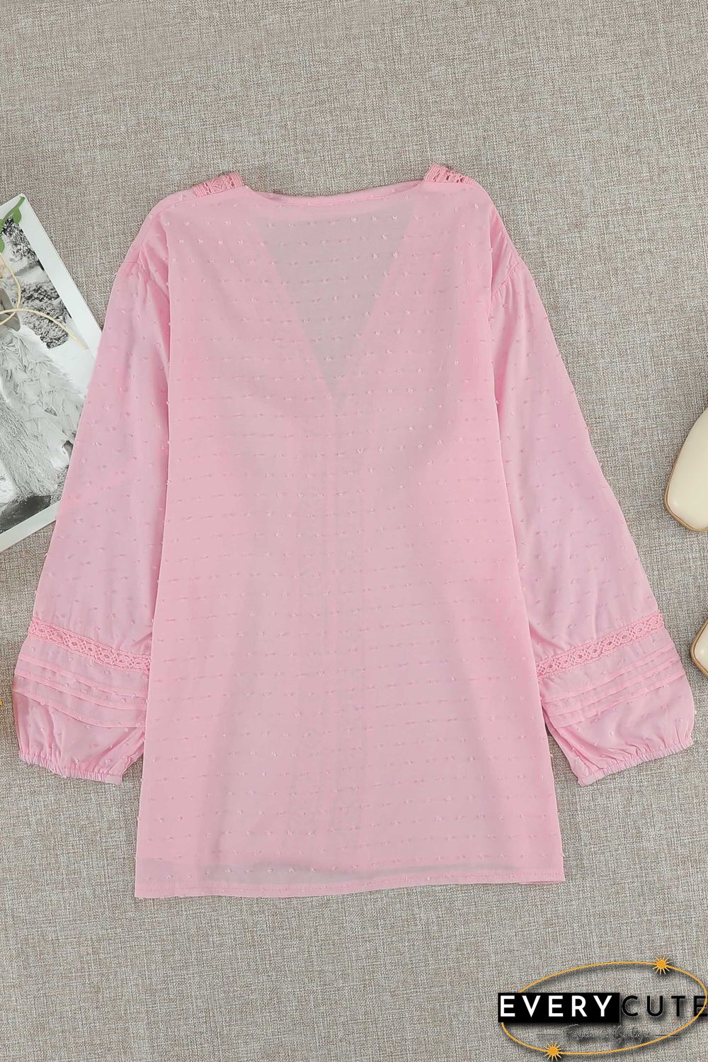 Pink V Neck 3/4 Sleeve Swiss Dot Casual Shirt