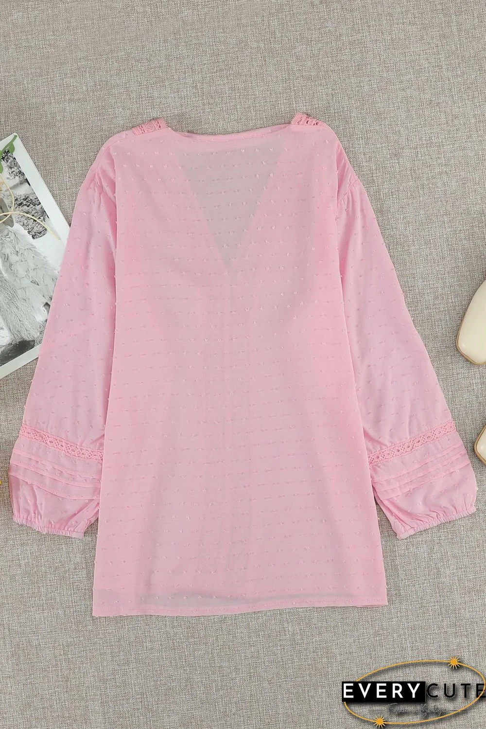 Pink V Neck 3/4 Sleeve Swiss Dot Casual Shirt