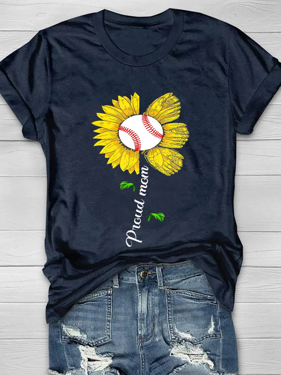 Proud Baseball Mom Sunflower Print Short Sleeve T-Shirt