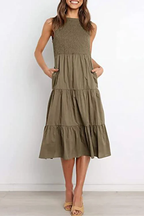 Kelsidress Solid Sleeveless High Waist Ruffle Dress with Pockets