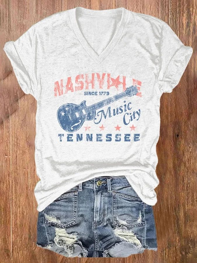 V-neck Retro Nashville City Guitar Tennessee Print T-Shirt socialshop