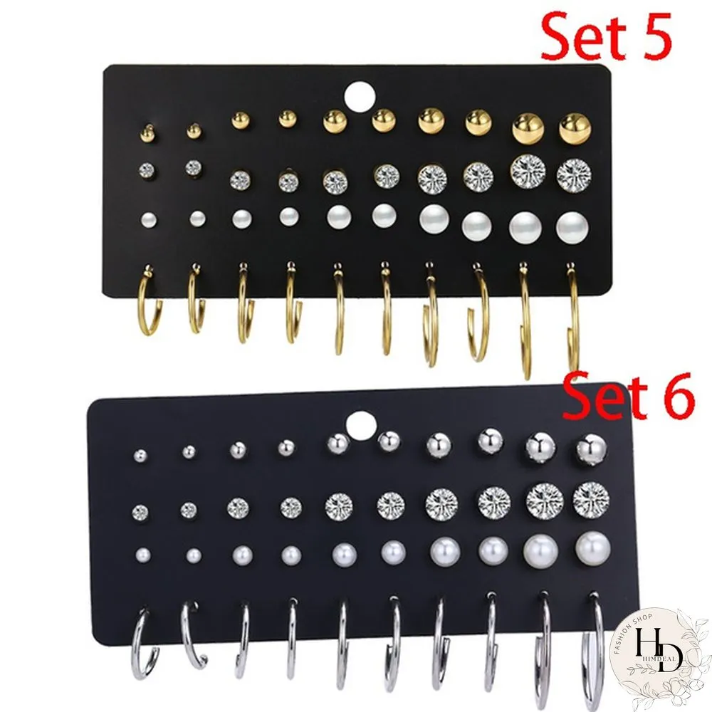 Pairs Flower Womens Earrings Set Pearl Crystal Stud Boho Geometric Tassel For Women