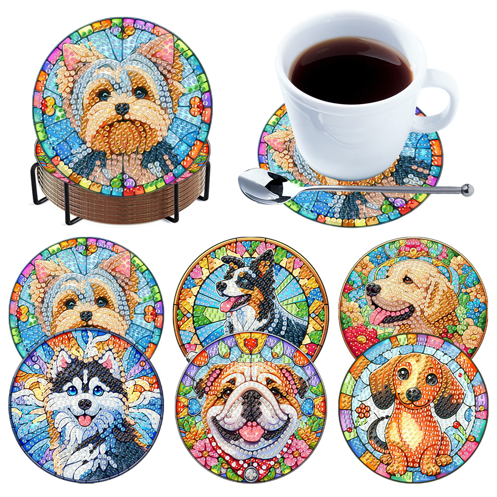 6 Pcs Diamond Art Coasters Set DIY Diamond Painting Coasters Kits (Dog)