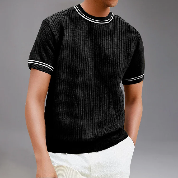 Retro Stripe Pattern Crew Neck Short Sleeve Knitted T-Shirt Okaywear