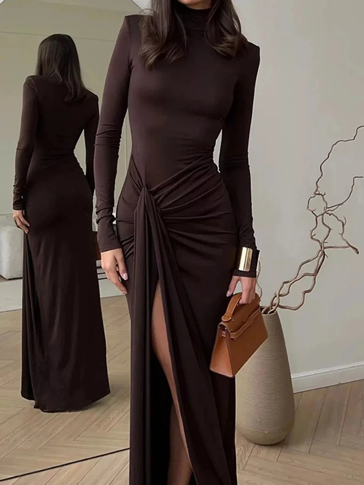 Turtleneck Long Sleeve Slit Maxi Dress