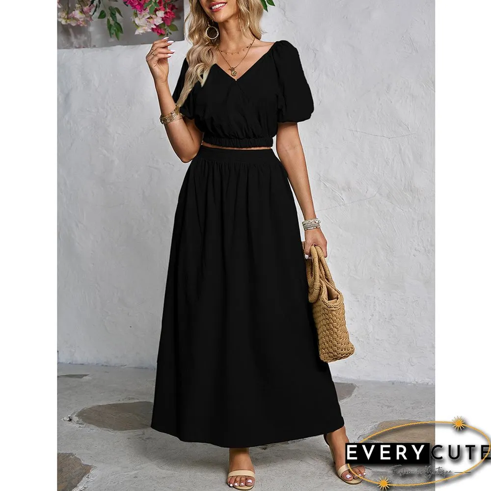 Black V Neck Crop Top and Pocket Skirt Set