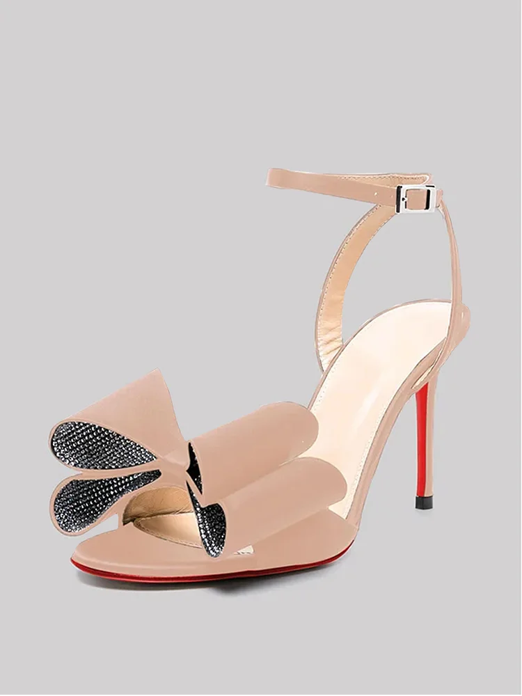 100mm  Women's Sexy Red Sole Open Toe Slingback Sandals Diamond Bow Buckle Sardin Fabric Stilettos Dress Pumps