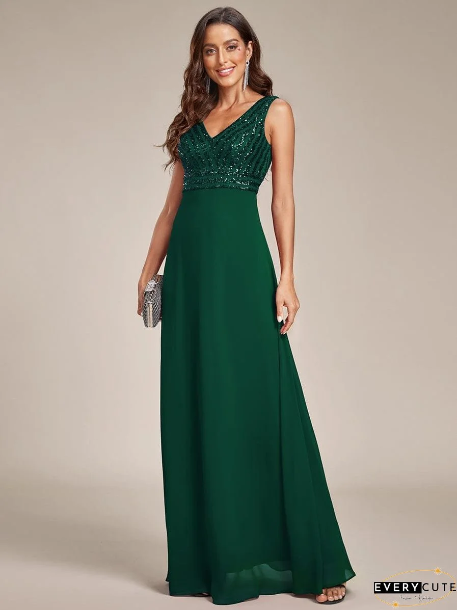 Shimmering Sequin Double V-Neck Sleeveless Formal Gown
