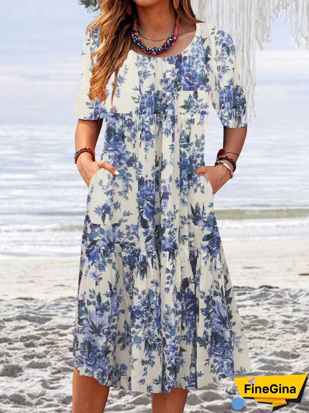 Women Short Sleeve Scoop Neck Floral Printed Midi Dress with Pockets