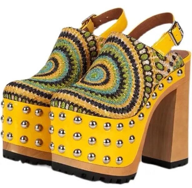 VCSHOES Peacock Cloth Rivet Thick Sole Platform Sandals Woman Round Toe Block Chunky Wood Heels Slingback Yellow Shoes