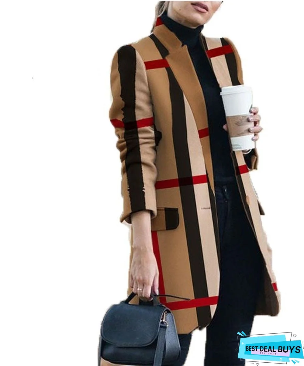 New Autumn and Winter Fashion Print Collar Woolen Coat Women