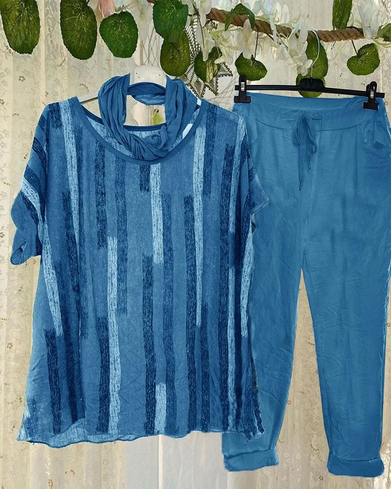 Ladies Strip Printed Blouse And Trousers Two-Piece Set