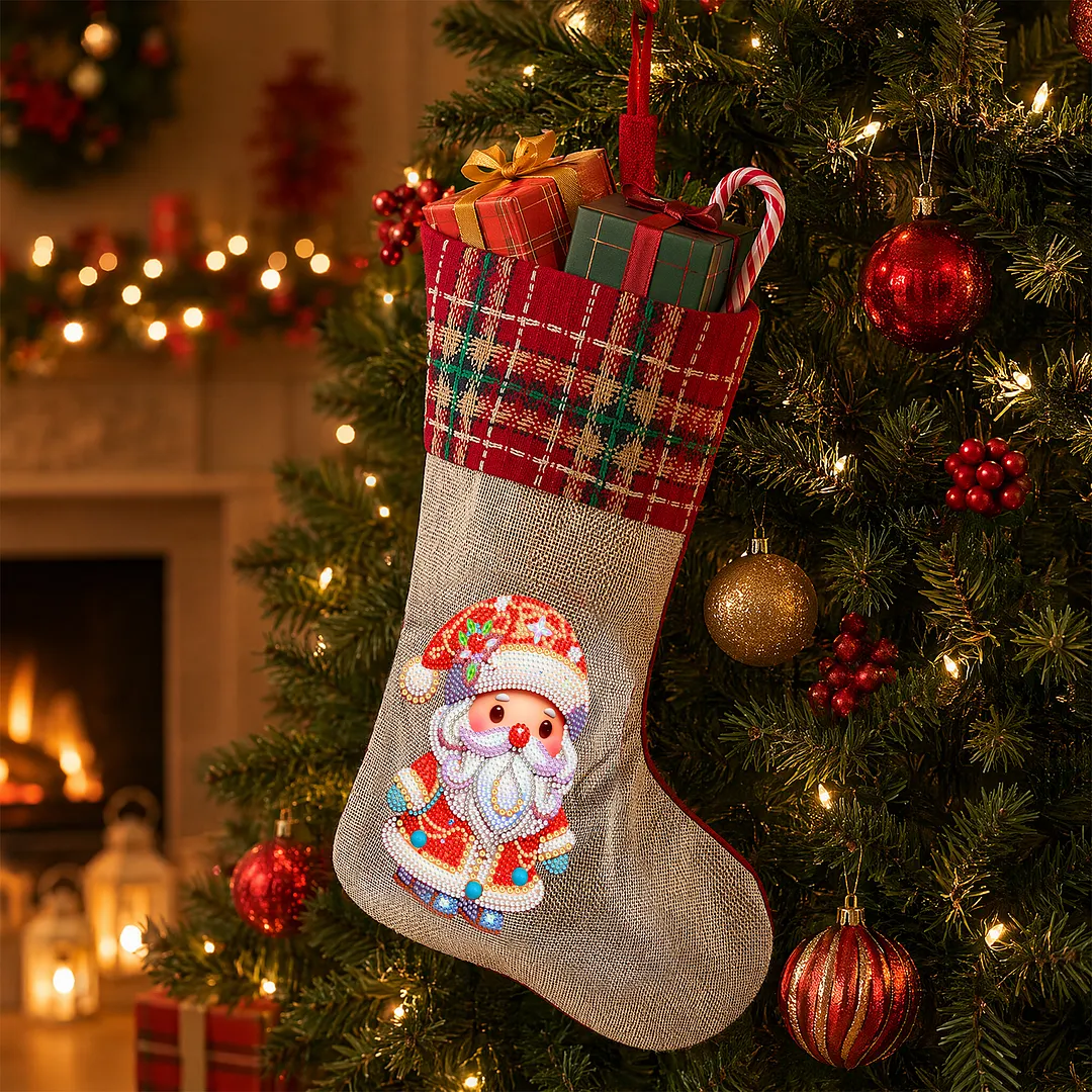 DIY Diamond Painting Christmas Stockings Hanging Ornaments Large Capacity Xmas Socks Pendant Wear Resist Candy Gift Storage Bags for Family Christmas Holiday Party Decoration (Santa Claus)