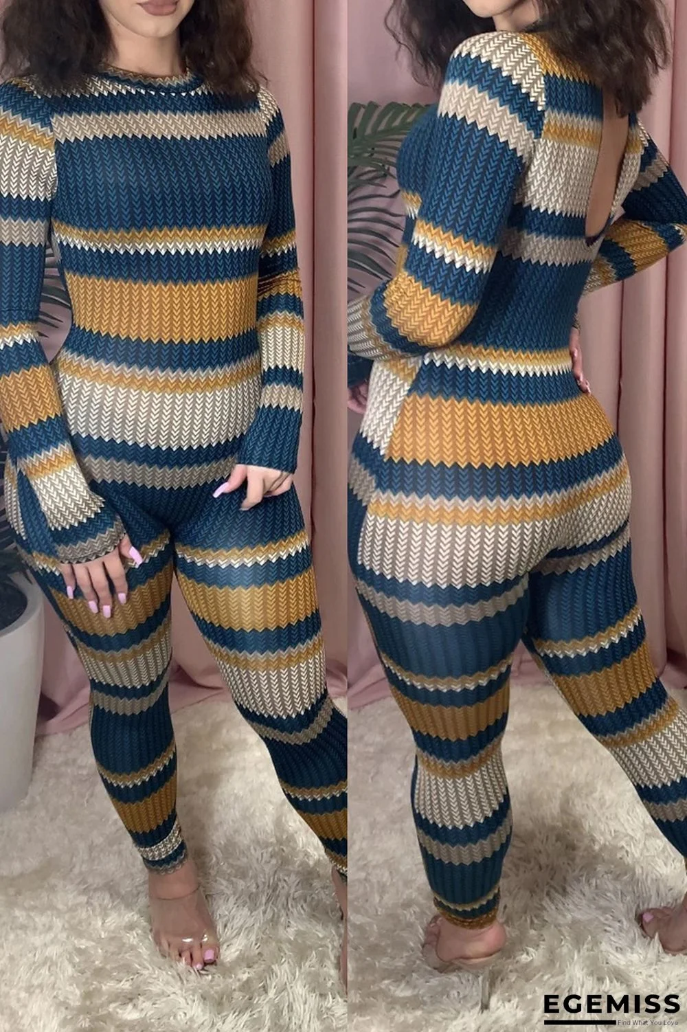 Yellow Casual Fiber Striped Print Pants O Neck Skinny Jumpsuits | EGEMISS