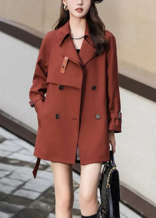 French Rust Double Breast Tie Waist Pockets Cotton Coat Fall