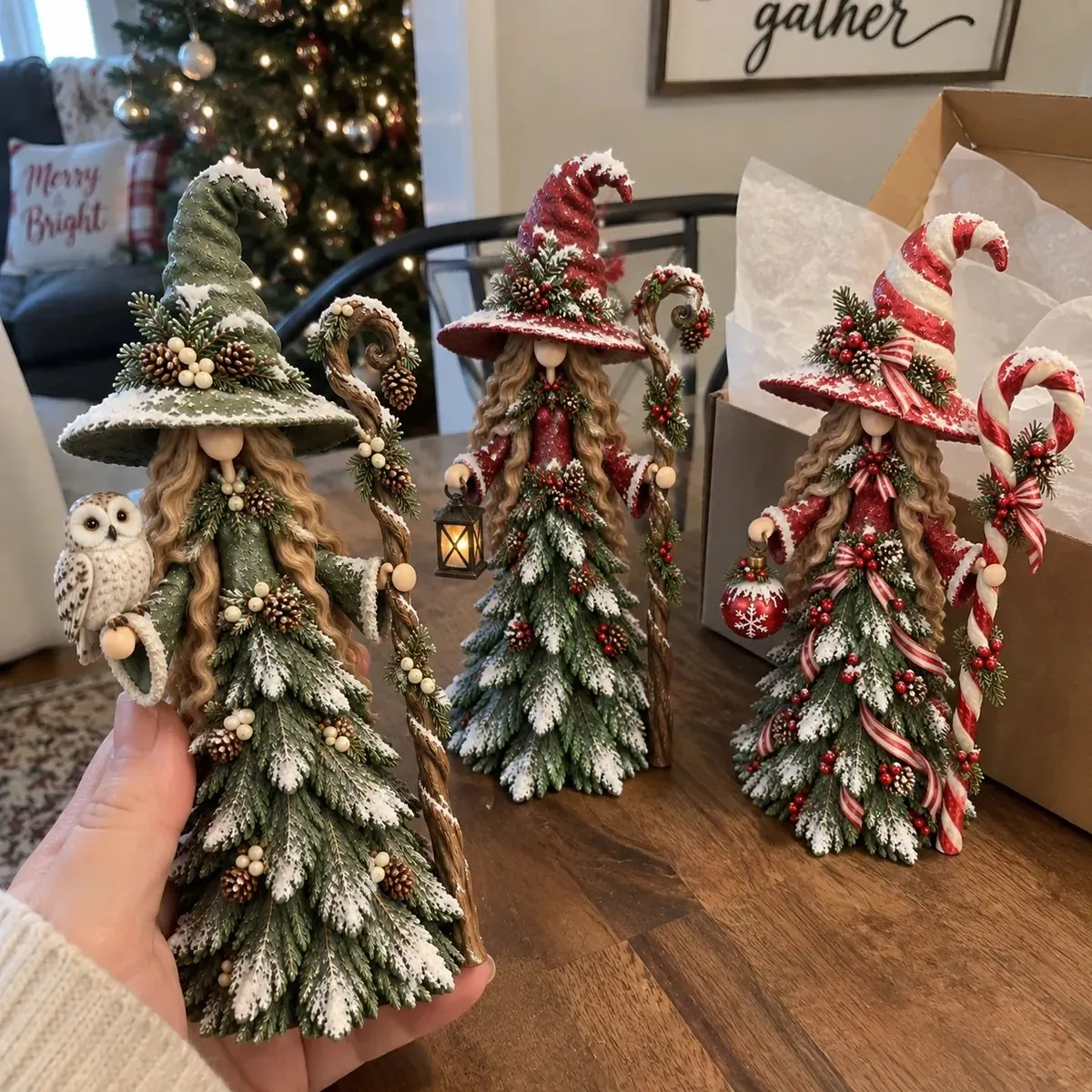 Three Christmas witch keeper figurines together