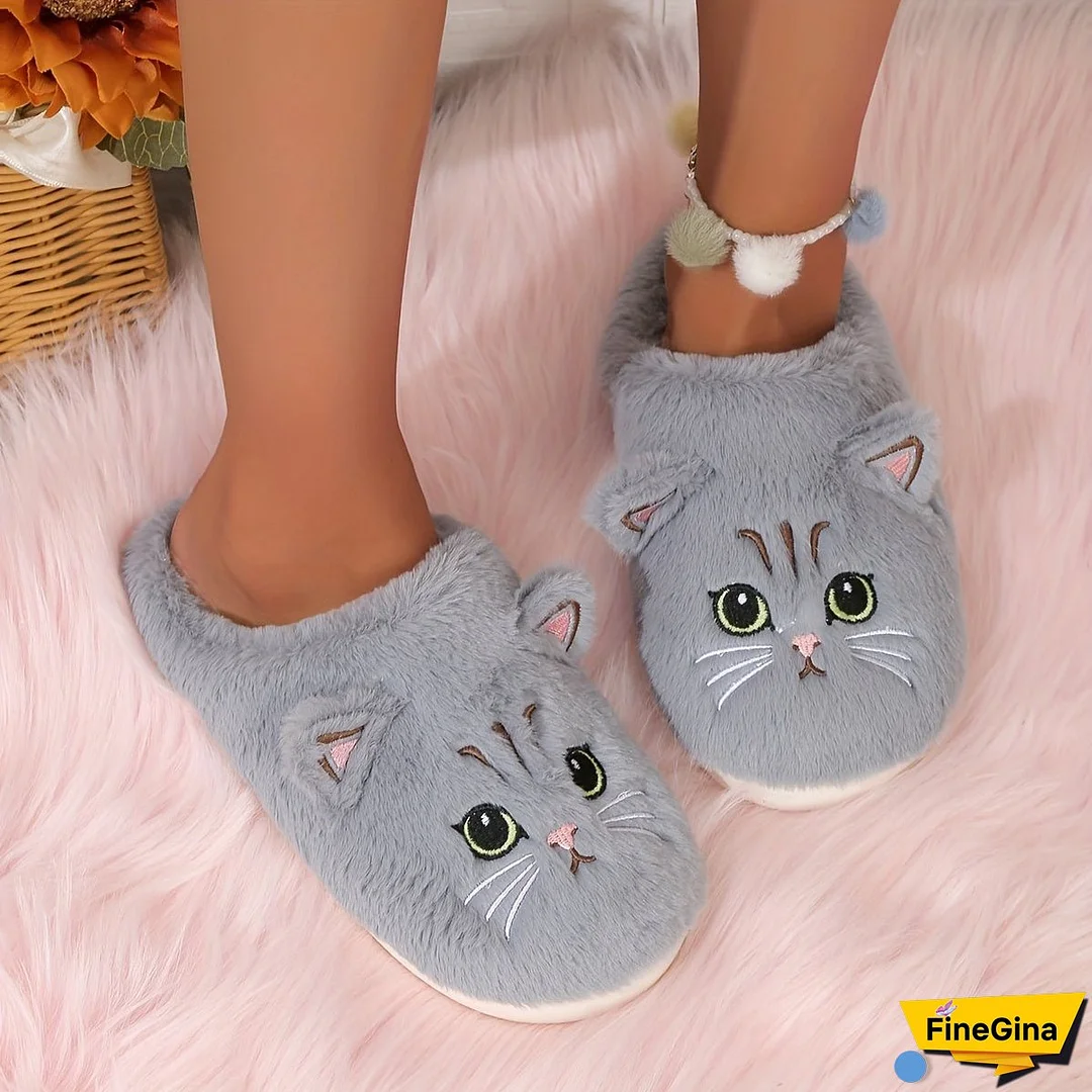 Cute Cartoon Cat Fuzzy Slippers, Creative Closed Toe Soft Sole Plush Flat Shoes, Winter Warm Home Slippers