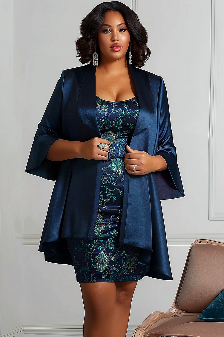 Xpluswear Design Plus Size Mother Of The Bride Navy Blue Floral 3/4 Sleeve Satin Two Piece Dress Set [Pre-Order]