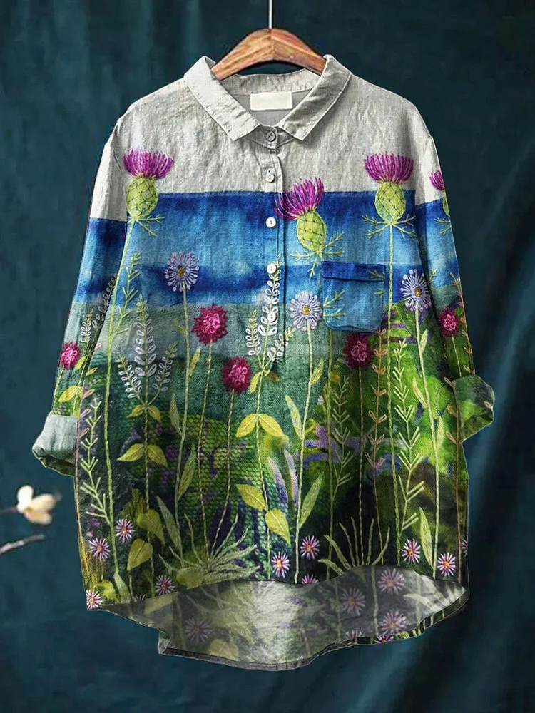Womens Vintage Flower Art Print Casual Cotton And Linen Shirt