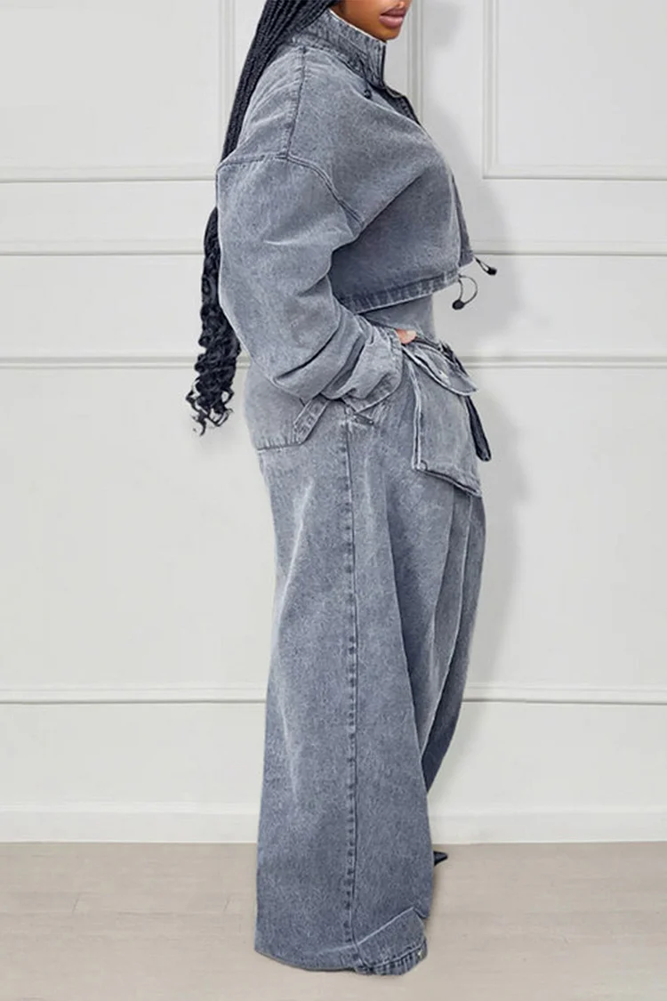 Denim Zip Long Sleeve Crop Jacket Pockets Wide Leg Pants Matching Set-Grey