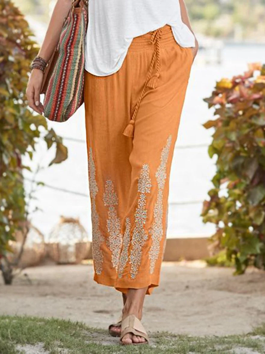 Orange Elastic Straight Casual Pants