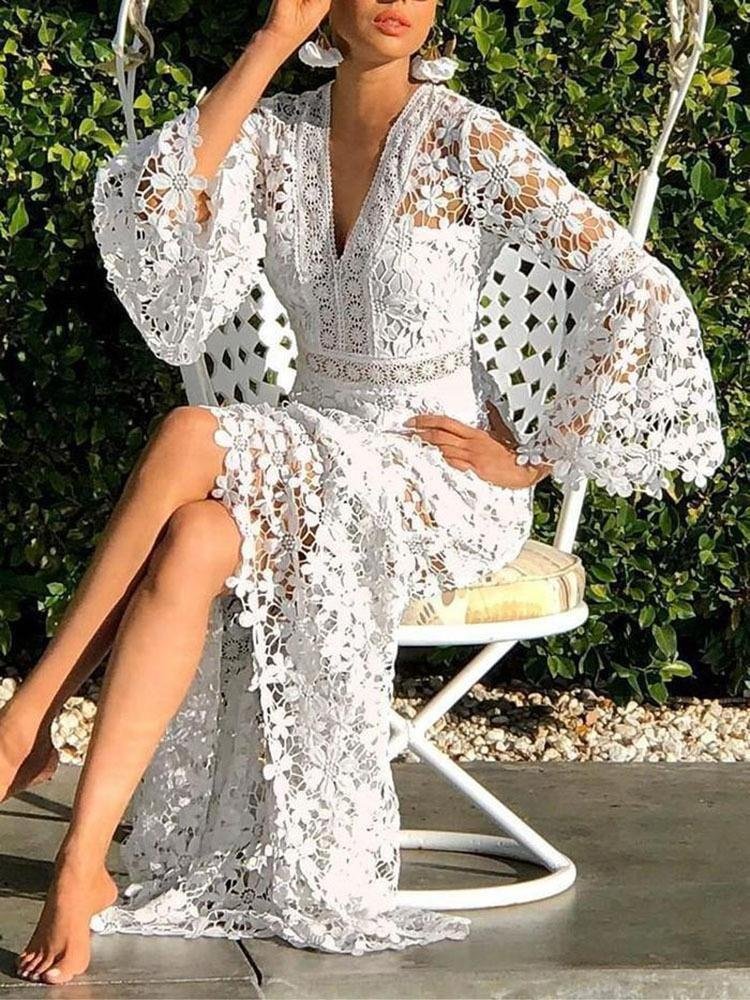 Long sleeve hollowed-out lace long dress