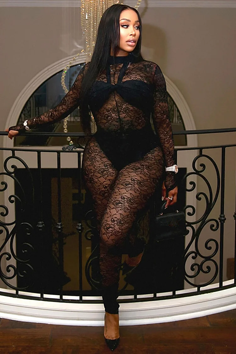 Floral Lace Long Sleeve See Through Slim Fit Jumpsuit-Black