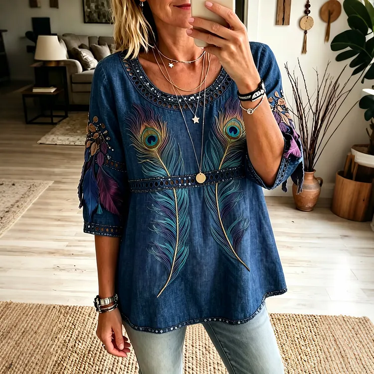 Women's Vintage Pattern Art Flowy Three-quarter Sleeve Casual Tops