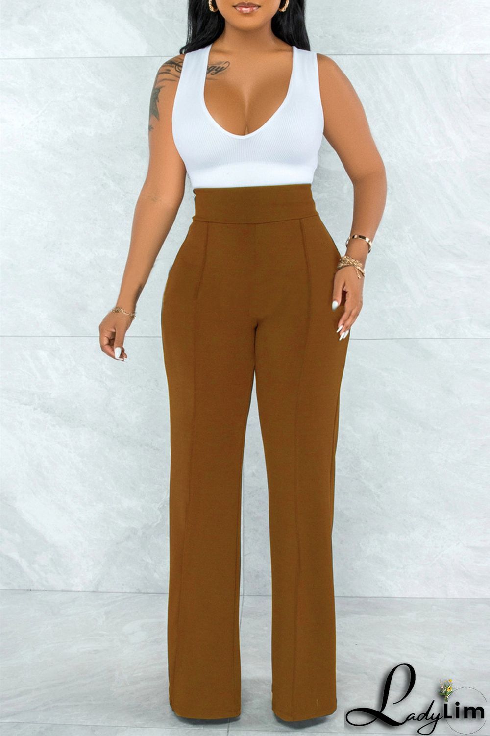 White Fashion Casual Solid Basic Regular High Waist Trousers