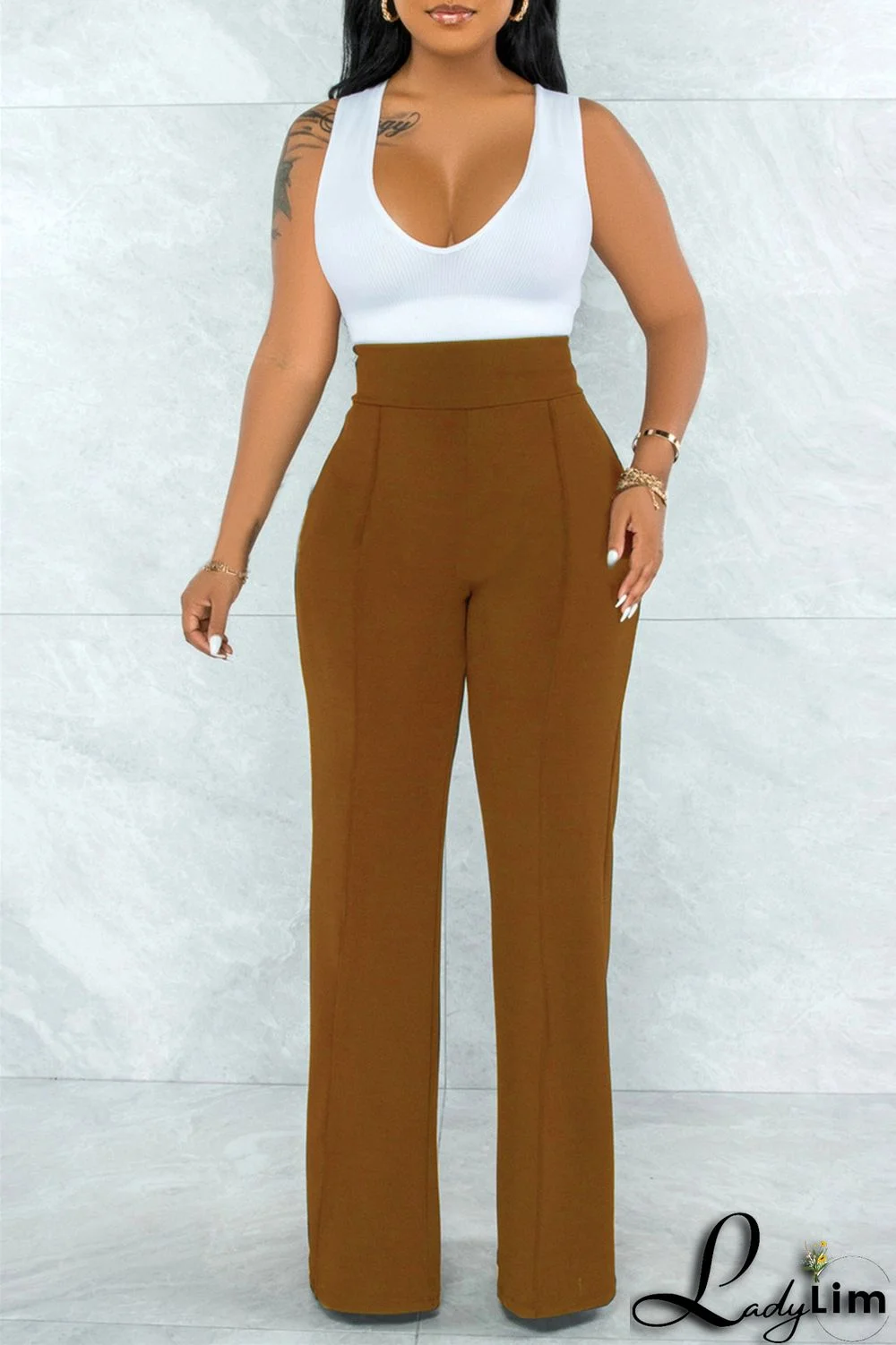 White Fashion Casual Solid Basic Regular High Waist Trousers