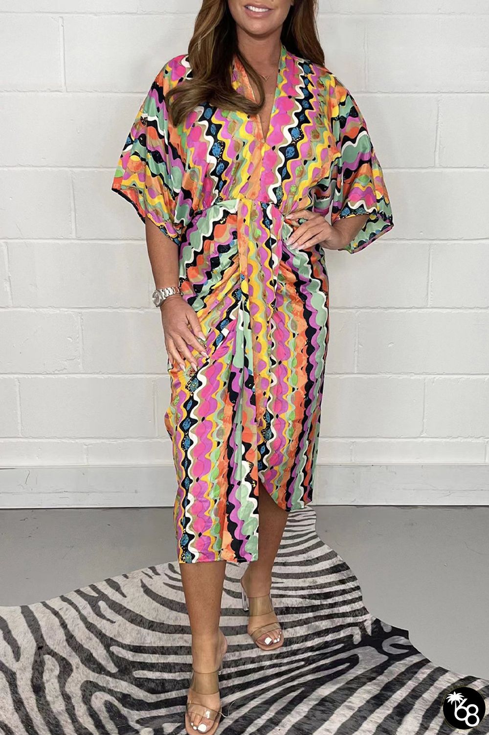 Colour Casual Geometric Print Patchwork V Neck Shirt Dress Dresses | 168DEAL