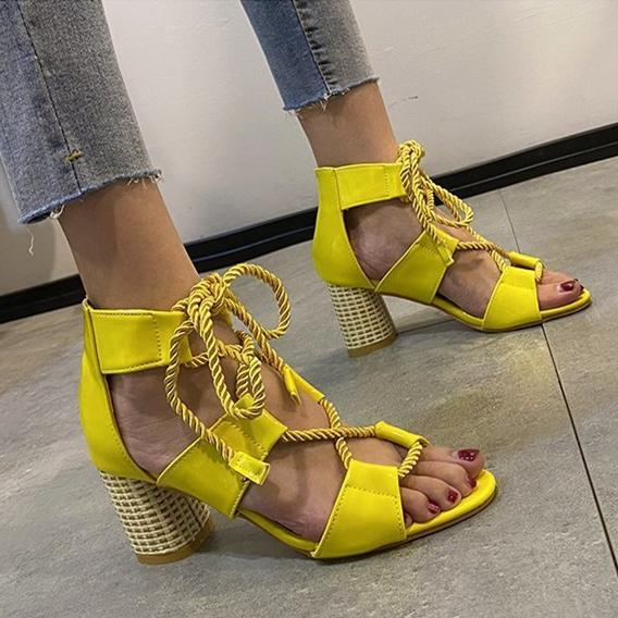Women's summer peep toe front criss lace-up chunky gladiator sandals