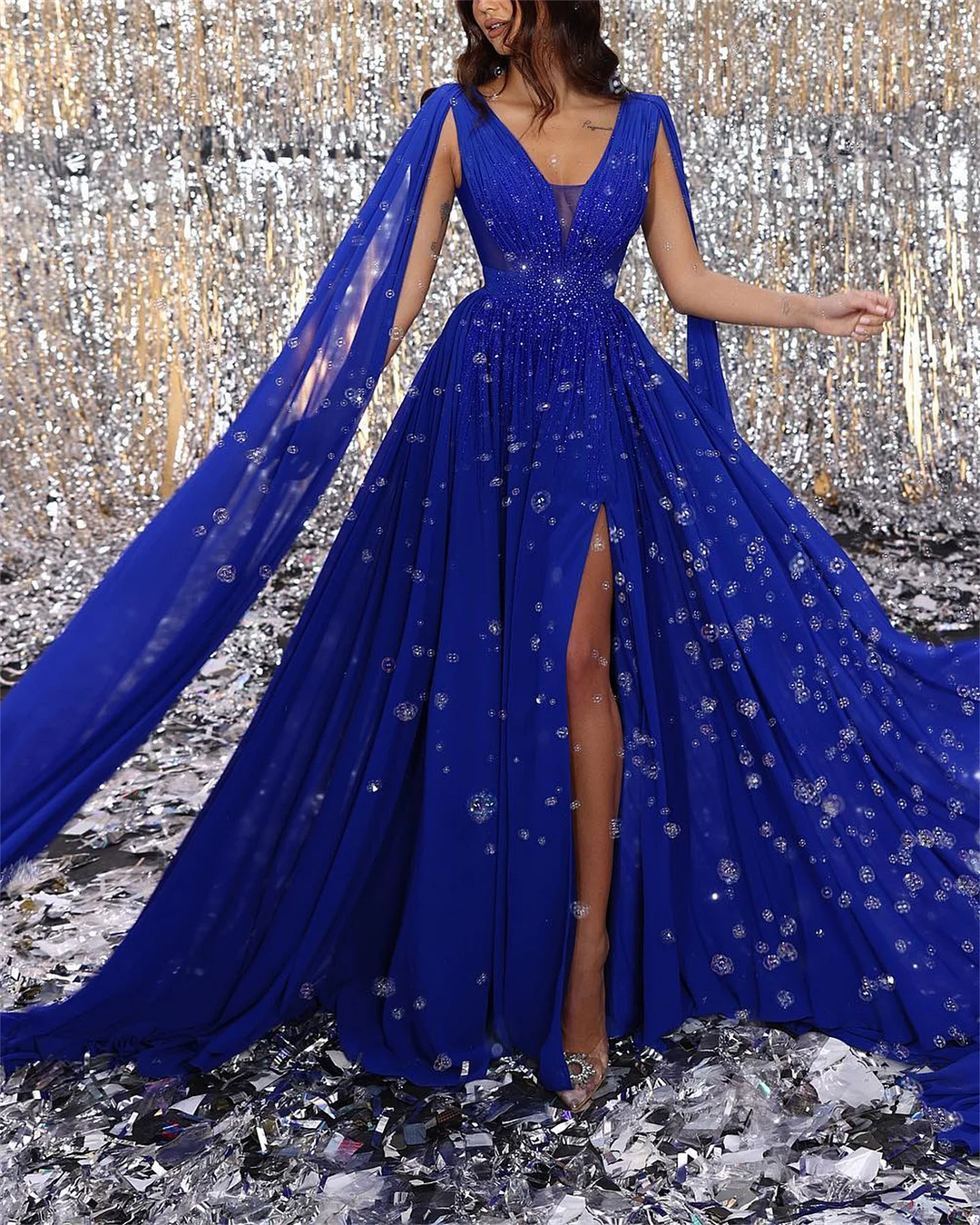 Sexy V-neck Blue Slit Sequin Dress