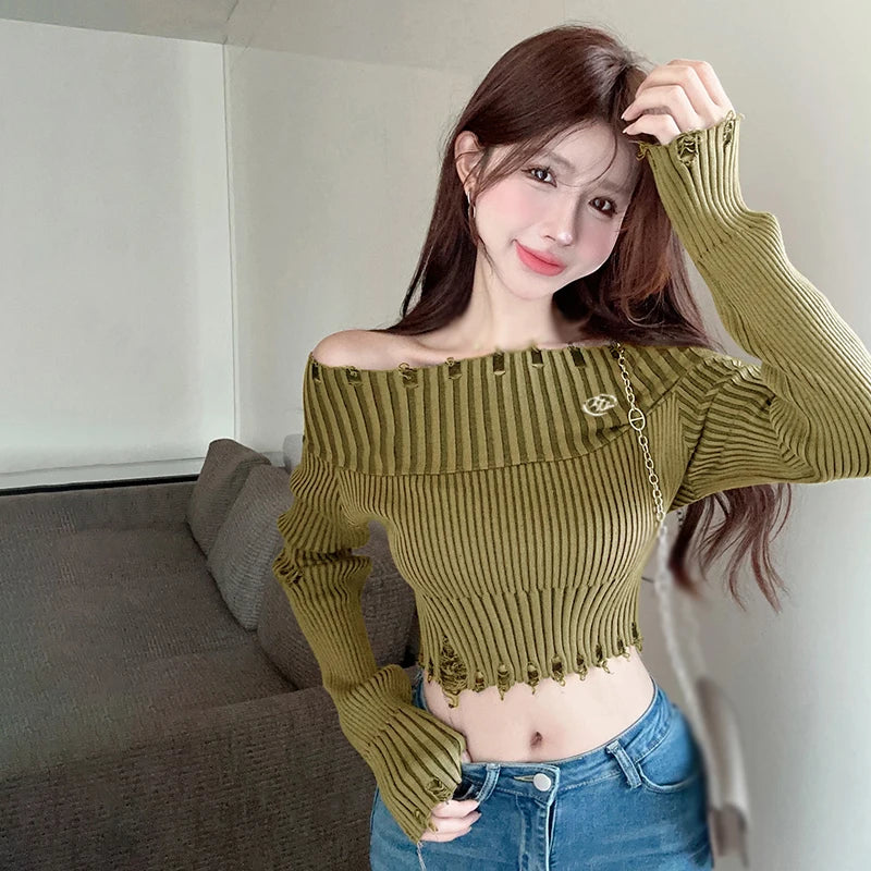 Spring Autumn Pullover Women's Sweater Off Shoulder  Solid Colour Hole fashion Slim Sexy Knitted Long Sleeves Sweater Aiertu