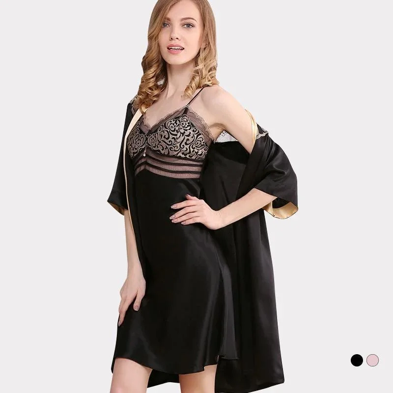 22 Momme High Quality Women's Sexy Chic Lacey Silk Robe Set-Two Pieces-Real Silk Life