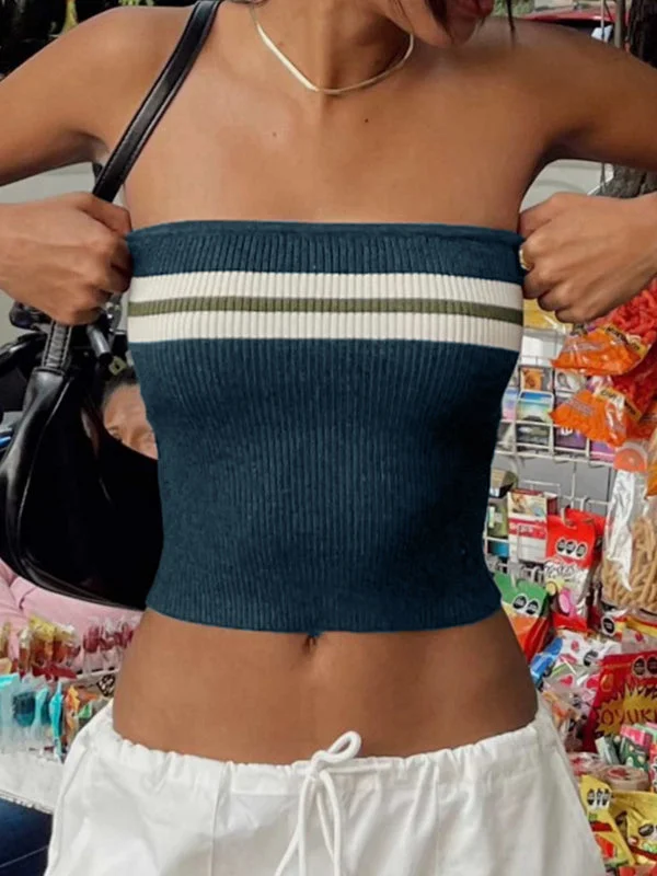 Brownm Dark Blue Knit Striped Bandeau Crop Top