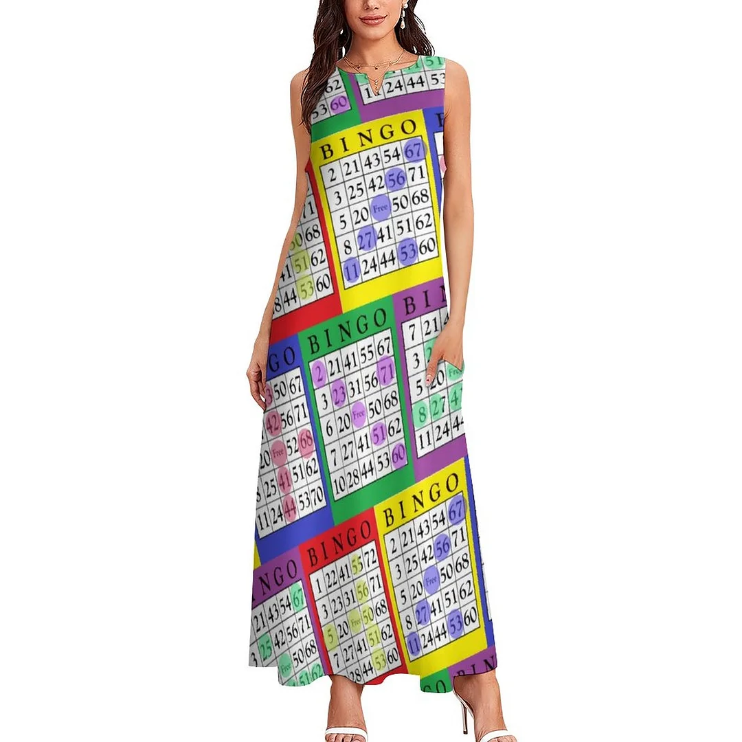 Winning Bingo Cards lady Womens Plus Size Long Boho Dresses Loose V Neck Sleeveless Maxi Dress with Pockets